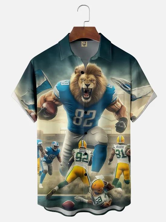 Moisture-wicking American Football Detroit Art Lions Chest Pocket Casual Shirt