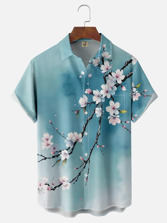 Moisture Wicking Gradient Plants Flowers Peach Chest Pocket Hawaiian Shirt