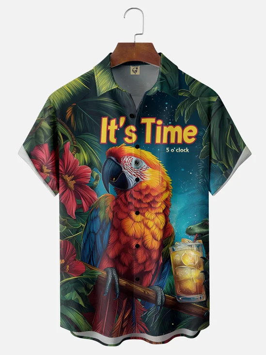 Moisture-wicking It's 5 O'Clock Somewhere Parrot Chest Pocket Hawaiian Shirt