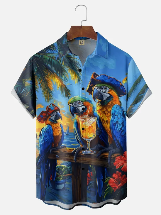 Moisture-wicking Pirate Captain Parrots Chest Pocket Hawaiian Shirt