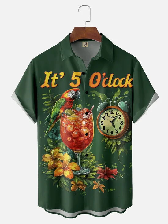 Moisture-wicking Its 5 O'Clock Somewhere Parrot Chest Pocket Hawaiian Shirt