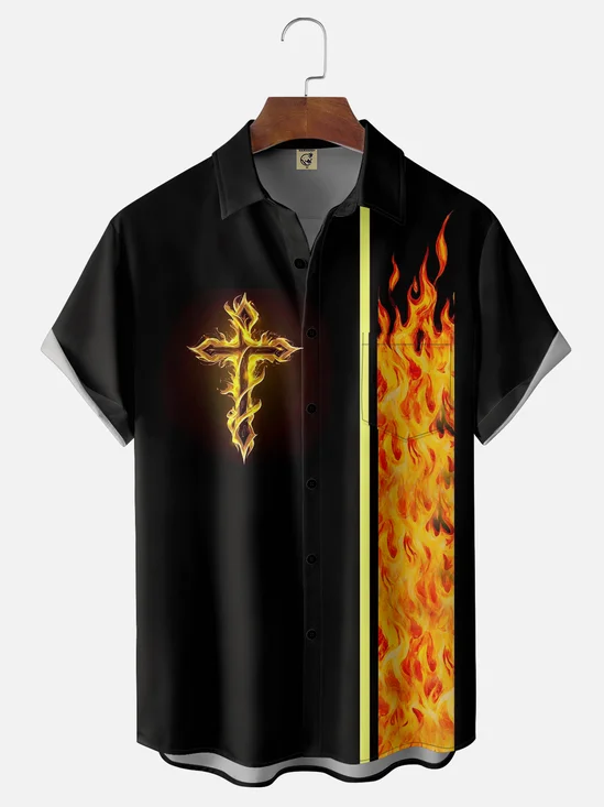 Moisture-wicking Cross Flame Chest Pocket Bowling Shirt