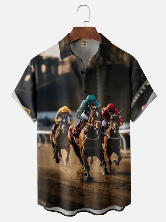 Moisture-wicking Kentucky Derby Horse Racing Chest Pocket Casual Shirt