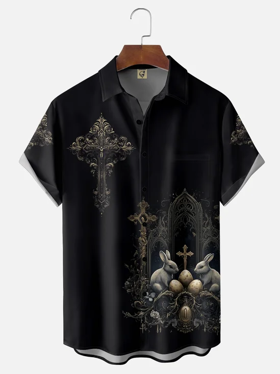 Moisture-wicking Easter Cross Bunny Rabbit Eggs Chest Pocket Casual Shirt