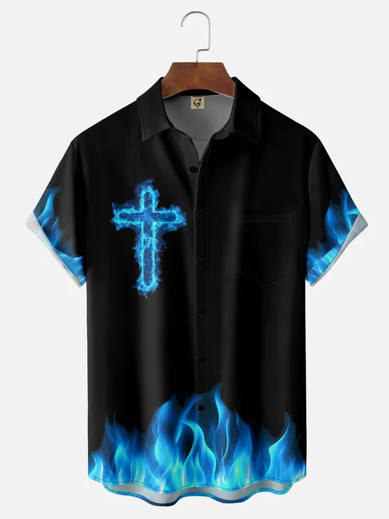 Moisture-wicking Easter Cross Flame Chest Pocket Casual Shirt