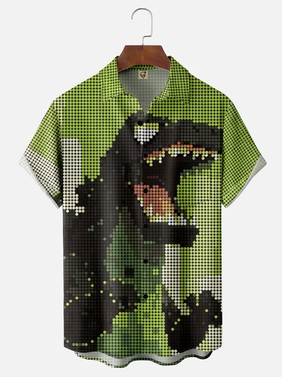 Moisture Wicking Funny Dinosaur Chest Pocket Hawaiian Shirt