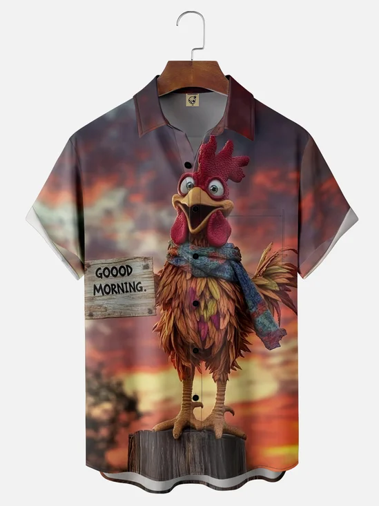 Moisture-wicking Chicken "Good Morning" Art Painting Chest Pocket Hawaiian Shirt