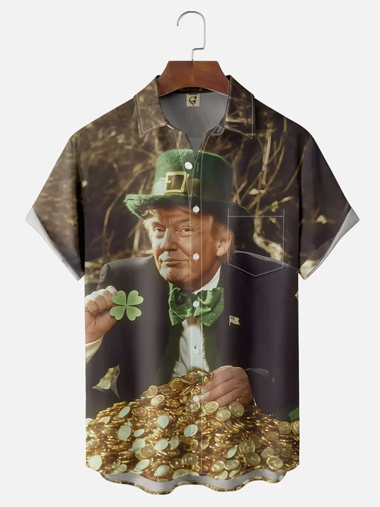 Moisture-wicking Happy St. Patrick's Day Trump Gold Coin Chest Pocket Casual Shirt