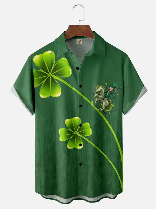 Moisture-wicking St. Patrick's Day Lucky Clover Riding Gnome Green Chest Pocket Casual Shirt