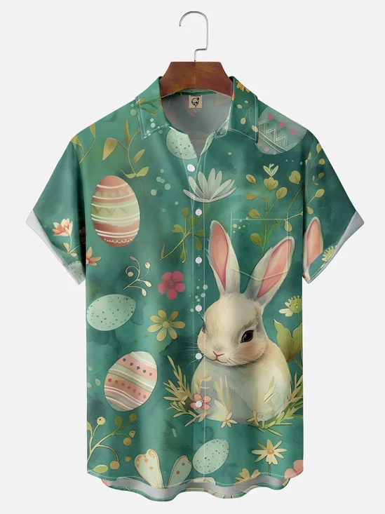 Moisture-wicking Happy Easter Art Bunny Chest Pocket Casual Shirt