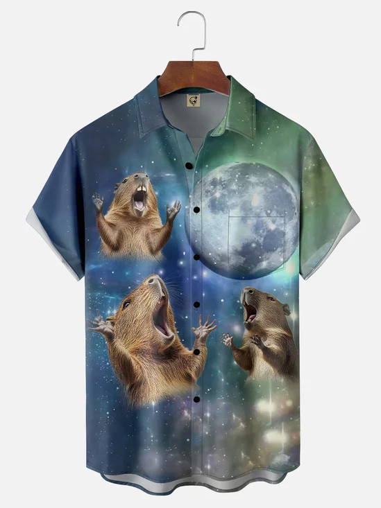 Moisture-wicking Groundhog Capybara Moon Chest Pocket Casual Shirt