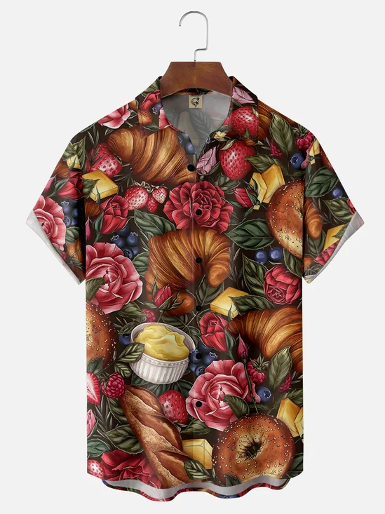 Moisture-wicking Rose and Bread Visual Art Chest Pocket Casual Shirt