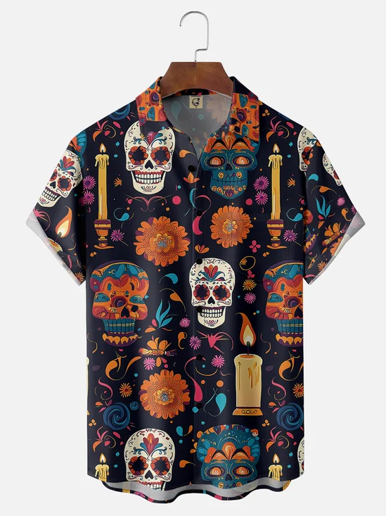 Moisture-wicking Cinco de Mayo Day of the Dead Mexican Skull Guitar Chest Pocket Casual Shirt