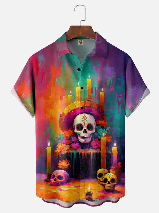 Moisture-wicking Cinco de Mayo Day of the Dead Mexican Skull Chest Pocket Casual Shirt
