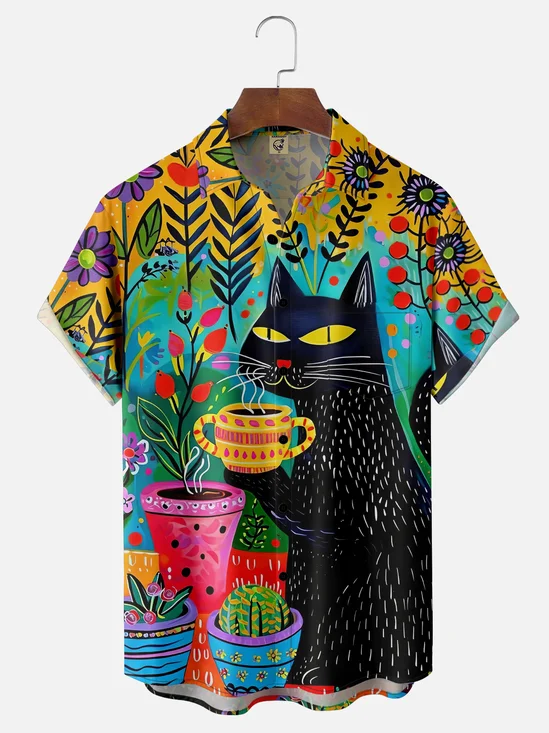 Moisture-wicking Cat Floral Chest Pocket Hawaiian Shirt