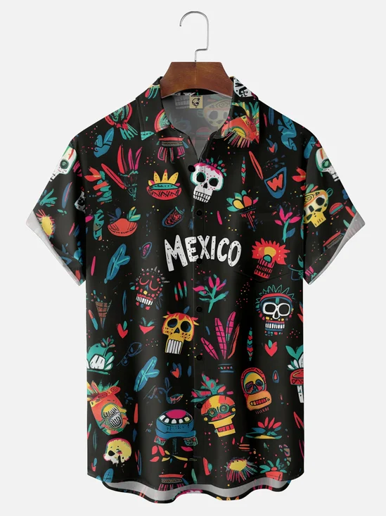 Moisture-wicking Cinco de Mayo Day of the Dead Skeleton Chest Pocket Casual Shirt