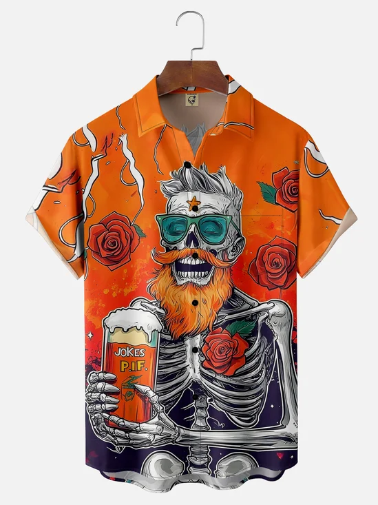 Moisture-wicking Rose Beer Skeleton Chest Pocket Hawaiian Shirt