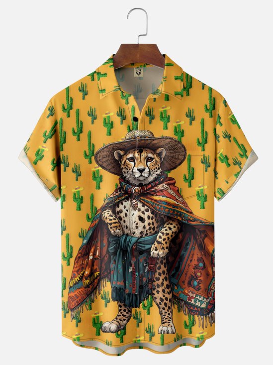 Moisture-wicking Cinco de Mayo Leopard Cactus Chest Pocket Hawaiian Shirt