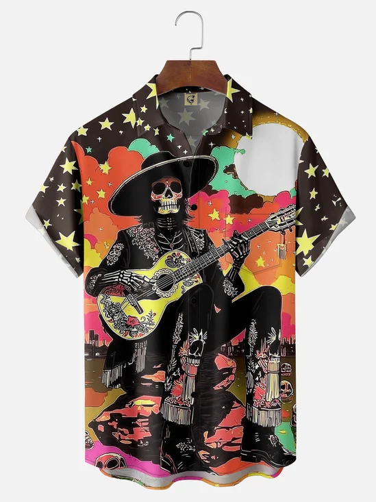 Moisture-wicking Cinco de Mayo Day of the Dead Mexican Skull Guitar Chest Pocket Casual Shirt