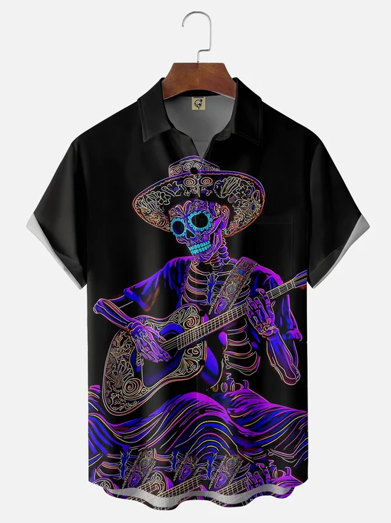 Moisture-wicking Cinco de Mayo Day of the Dead Mexican Skull Guitar Chest Pocket Casual Shirt