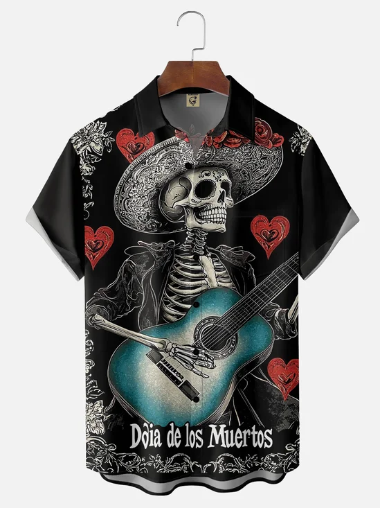 Moisture-wicking Cinco de Mayo Day of the Dead Mexican Skull Guitar Chest Pocket Casual Shirt