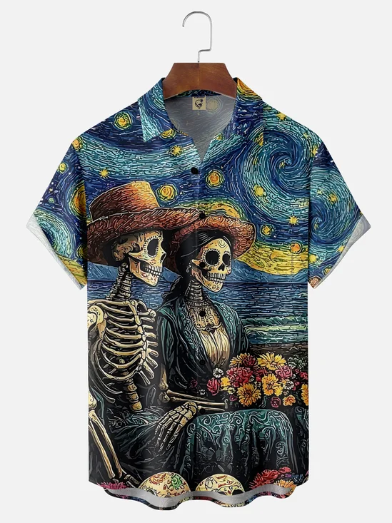 Moisture-wicking Cinco de Mayo Starry Night Mexican Skeleton Chest Pocket Hawaiian Shirt