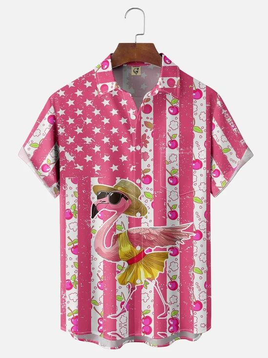 Moisture-wicking American Flag Flamingo Chest Pocket Hawaiian Shirt