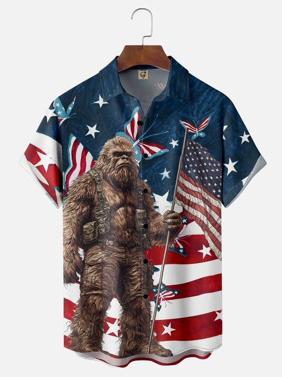 Moisture-wicking American Flag Pride Bigfoot Chest Pocket Casual Shirt