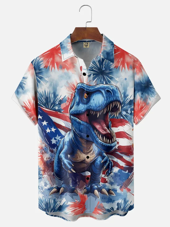 Moisture-wicking American Flag Dinosaur Chest Pocket Casual Shirt