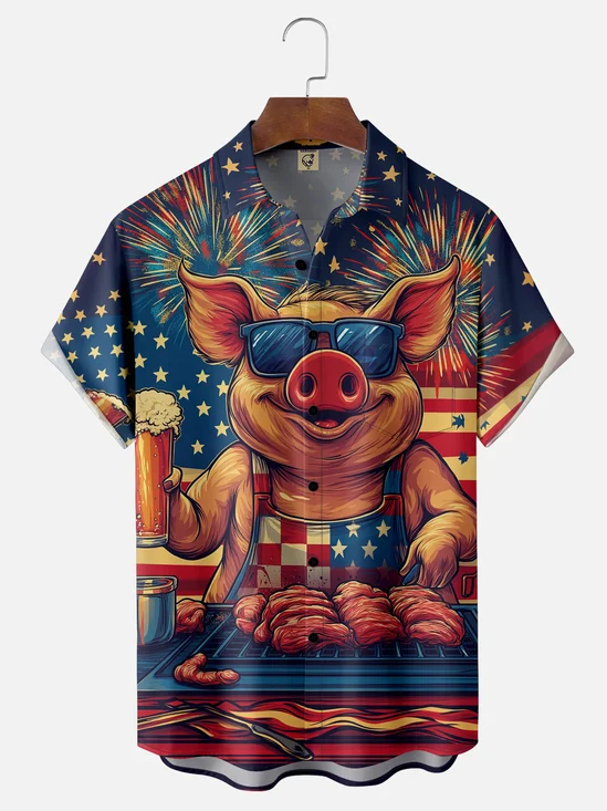 Moisture-wicking American Flag Chef Pig Beer Barbecue Chest Pocket Casual Shirt