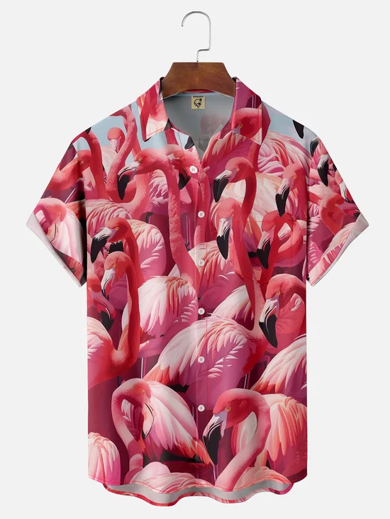 Tall Size Moisture-wicking Pink Flamingo Chest Pocket Hawaiian Shirt