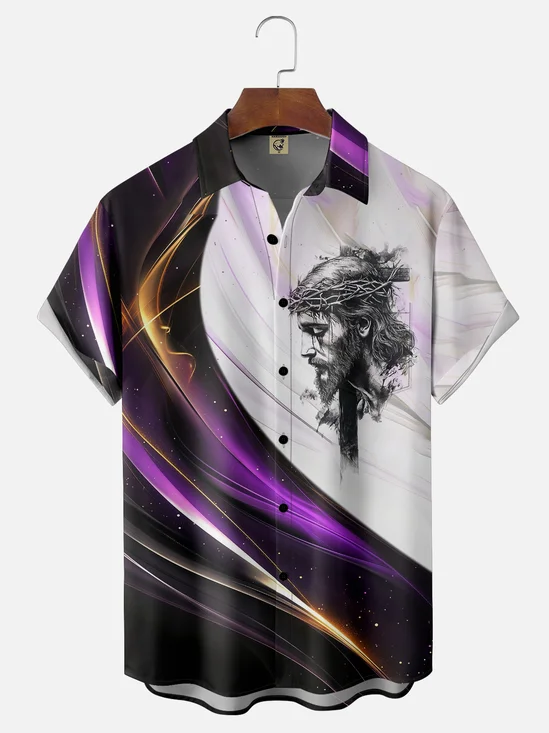 Moisture-wicking Gradient Geomatric Easter Jesus Christ Chest Pocket Casual Shirt