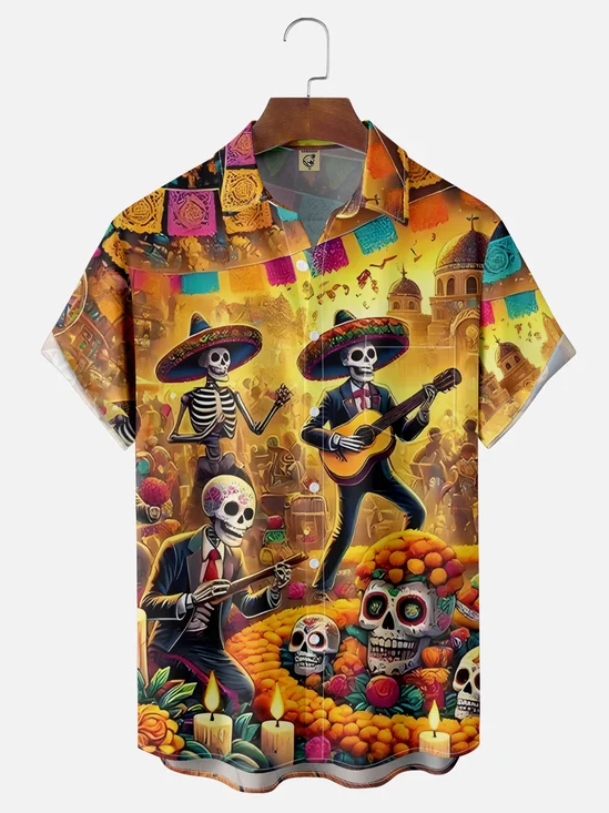 Moisture Wicking Cinco de Mayo Big Hat Skull Chest Pocket Hawaiian Shirt