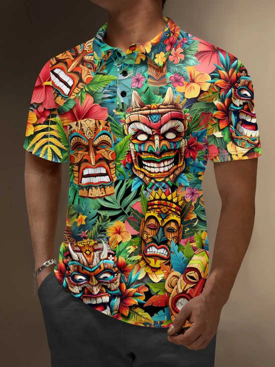 Moisture Wicking Hawaiian Tiki Flowers Golf Polo