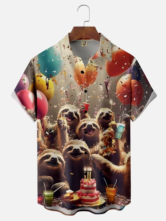 Moisture-wicking Sloth Birthday Party Cake Balloons Chest Pocket Casual Shirt
