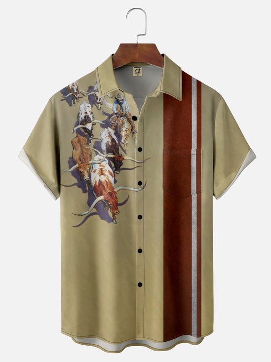 Moisture-wicking Western Cowboy Chest Pocket Bowling Shirt