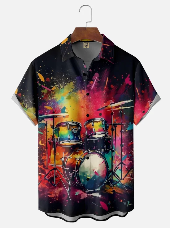 Moisture-wicking Rock Music Drum Set Chest Pocket Casual Shirt
