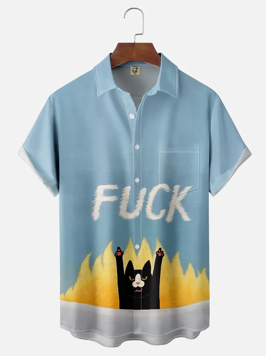 Moisture-wicking Fun and Avant-garde Cat Art "Polite Greetings" Chest Pocket Casual Shirt