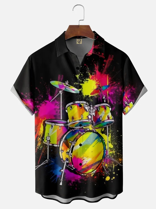 Moisture-wicking Rock Music Drum Set Chest Pocket Casual Shirt
