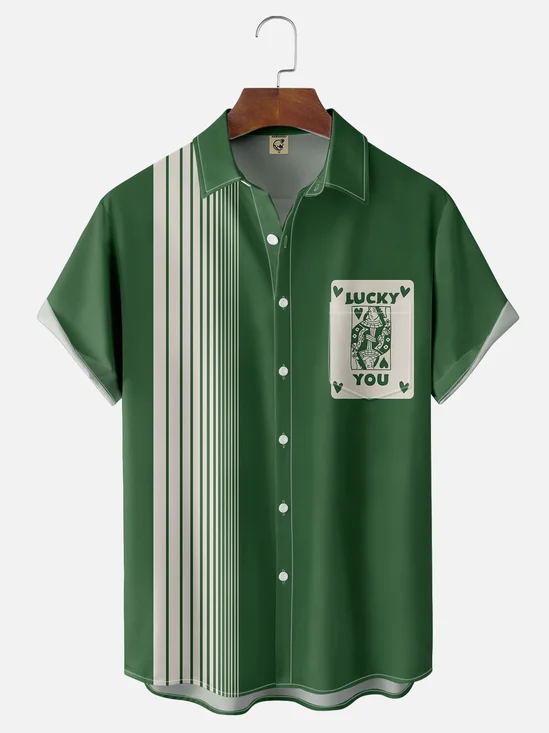 Moisture-wicking Fun and Avant-garde Playing Cards "LUCKY YOU" Chest Pocket Bowling Shirt