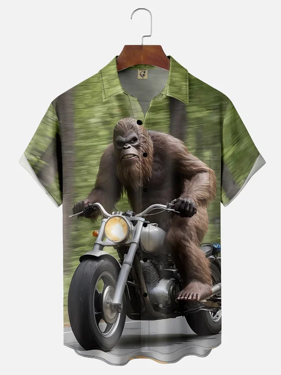 Moisture-wicking Bigfoot Motorcycle Art Fun Chest Pocket Hawaiian Shirt