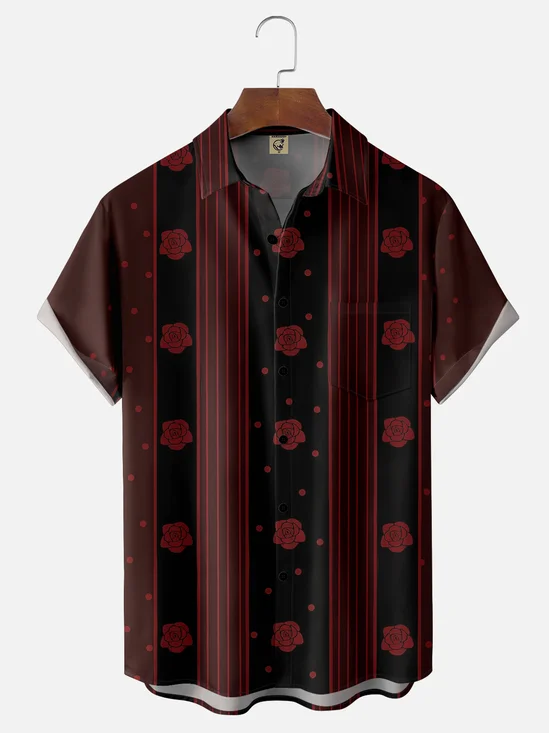 PMoisture-wicking Young Fashion Rose Art Chest Pocket Bowling Shirt