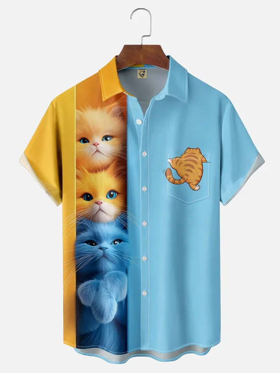Moisture-wicking Cat Fun Art Young Chest Pocket Bowling Shirt