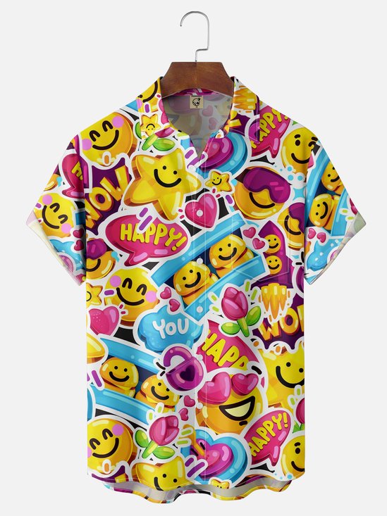 Moisture-wicking Emoticons Chest Pocket Hawaiian Preppy Shirt