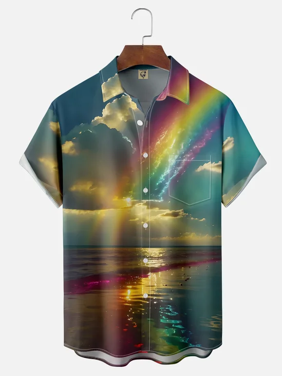 Moisture-wicking Fun Dreamy Beach Rainbow Chest Pocket Hawaiian Shirt