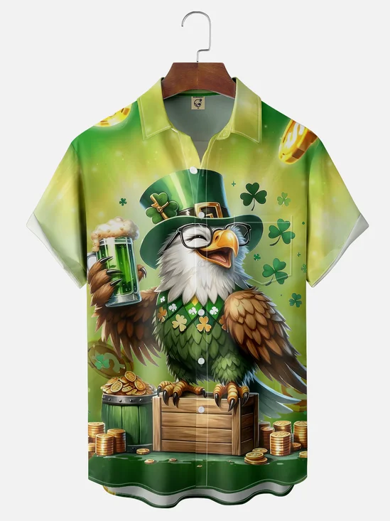Moisture-wicking St. Patrick's Day Bald Eagle Lucky Clover Beer Green Chest Pocket Casual Shirt