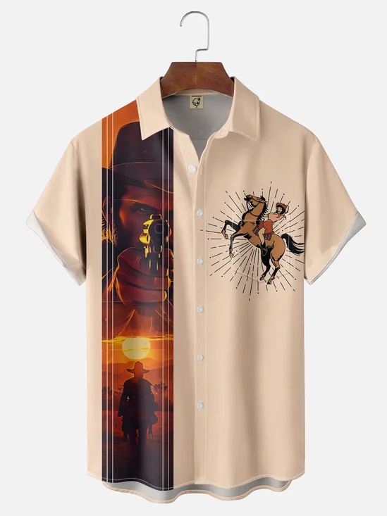 Moisture-wicking Wild Cowboy Art Passion Chest Pocket Bowling Shirt