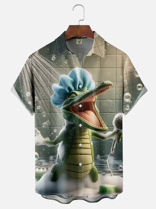 Moisture-wicking Fun Alligator Bath Art Chest Pocket Hawaiian Shirt