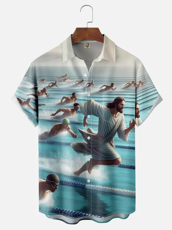 Moisture-wicking Avant-garde art Religious Jesus Swimming Competition Chest Pocket Casual Shirt