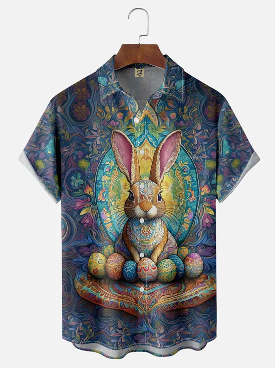 Moisture-wicking Easter Bunny Rabbit Eggs Chest Pocket Casual Shirt
